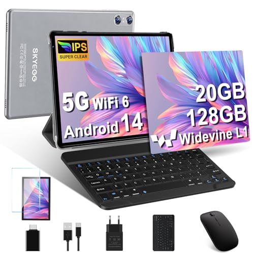 25% DESCUENTO SKYEGG Tablet 10 Pulgadas Android 14 con 20 GB RAM + 128 GB ROM (Ampliable a 1TB), Widevine L1, 5G Wi Fi 6, GPS, 8 Core, 8 MP + 5 MP, USB C Tablet con Teclado + Ratón + Funda, Gris Tinta