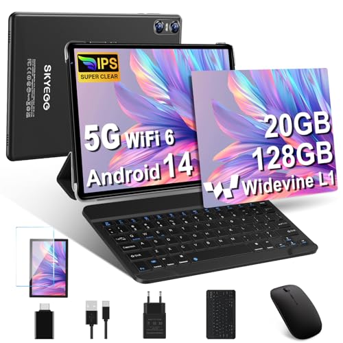 25% DESCUENTO SKYEGG Tablet 10 Pulgadas Android 14 con 20 GB RAM + 128 GB ROM (Ampliable a 1TB), Widevine L1, 5G Wi Fi 6, GPS, 8 Core, 8 MP + 5 MP, USB C Tablet con Teclado + Ratón + Funda, Negro
