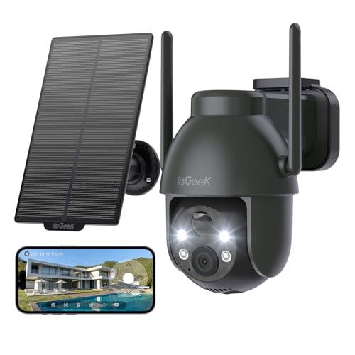 37% DESCUENTO ieGeek 3MP Camara Vigilancia WiFi Exterior Solar con Bateria Sin Cables, Camara Vigilancia Exterior Solar Visión Nocturna Color, PTZ 360° App Remoto, Humana Detección, IP65, Voz Bidireccional (Gris)