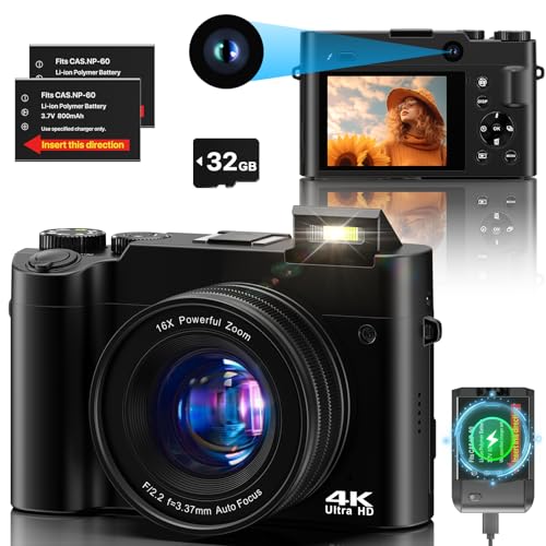20% DESCUENTO Cámara Digital 4K Dual Camera 64 MP Antivibración Vlogging Cámara Fotográfica con Tarjeta de Memoria de 32 GB, Zoom Digital 16X, 2 baterías y Cargador, y Cámara Compacta para Principiantes