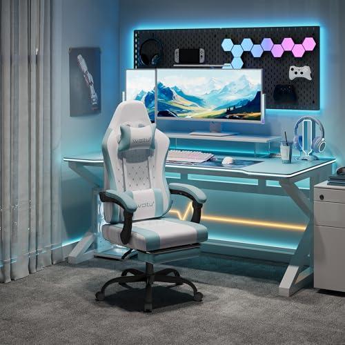20% DESCUENTO WOLTU Silla Gaming Ergonómica, Silla Oficina con Soporte Lumbar Masaje y Reposapiés Extraible, Silla Giratoria con Gran Asiento de Muelle, Capacidad de 150 kg, Tela de Malla Blanco+Azul,GS15bws