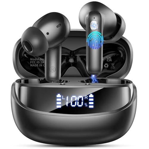 82% DESCUENTO Auriculares Inalámbricos Bluetooth 5.4, Auriculares Bluetooth Estéreo HiFi con 4 Mics, 45H Auriculares con Reducción de Ruido ENC, IP7 Impermeable Cascos Inalámbricos, LED Pantalla, Carga Rápida USB C