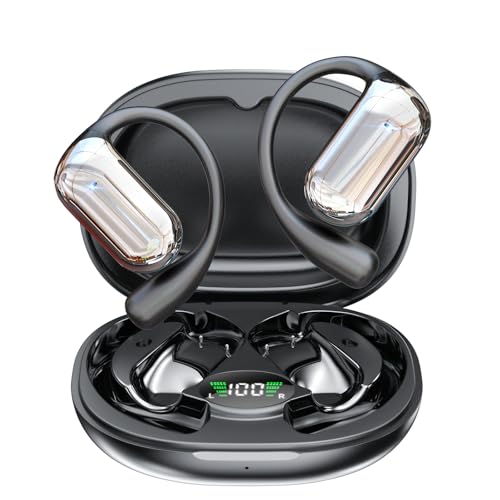 Auriculares Oreja Abierta Bluetooth 5.4, Auriculares Inalámbricos Deportivos con Gancho, Reproducción de 50H Pantalla LED, Auriculares con micrófono Incorporado, Control Táctil, IP7 Impermeable