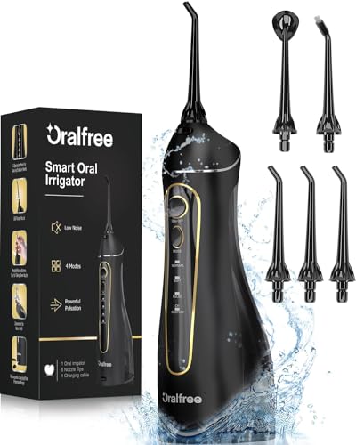 Oralfree Irrigador Bucal Portátil Flosser: Irrigador Dental Inalámbrico Profesional con Modo DIY, 5 Boquillas y 4 Modos, IPX7 Impermeable, Recargable para Limpieza Dental en el Hogar, Baño y Viajes