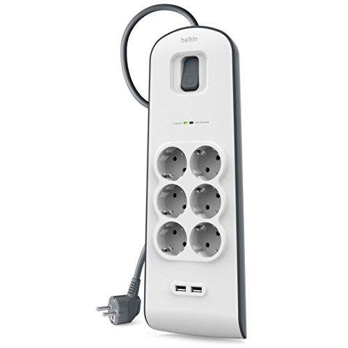 36% DESCUENTO Belkin Regleta de enchufes con 6 tomas y 2 puertos USB A (2,4 A) con protección contra sobretensiones, 650 julios, ladrón, cable de 2 metros, base múltiple con protección eléctrica, hogar y oficina