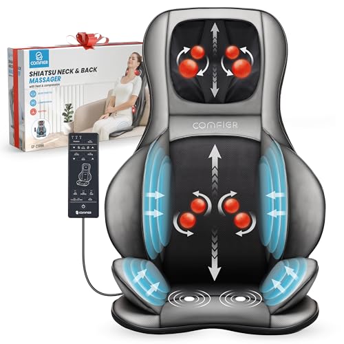 22% DESCUENTO COMFIER Asiento de Masaje Shiatsu para Espalda y Cuello Masajeador de espalda 2D / 3D de amasamiento completo con calor y compresor ajustable, Masajeador de cuerpo completo