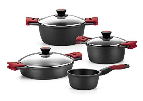 48% DESCUENTO BRA Premiere Batería De Cocina De 4 Piezas De Aluminio Fundido con Antiadherente, fudido, Negro,Rojo