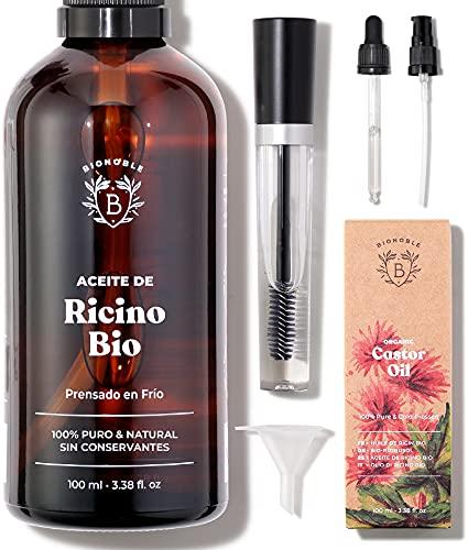 20% DESCUENTO Bionoble Aceite de Ricino Orgánico 100ml 100% Puro y Prensado en Frío Pestañas, Cejas, Cuerpo, Cabello, Barba, Uñas Vegan Castor Oil Botella de Vidrio + Pipeta + Bomba + Kit de Rímel