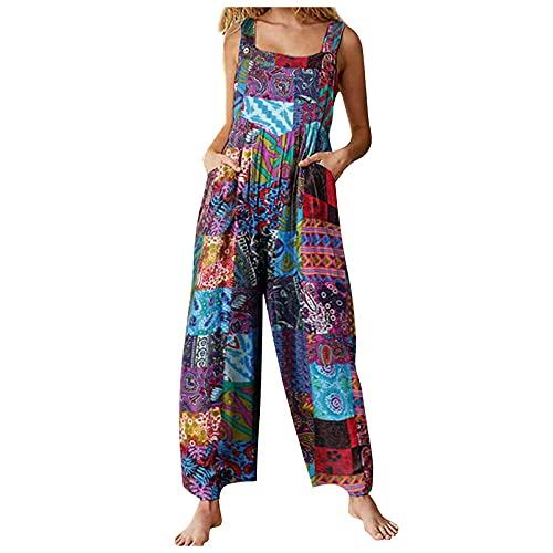 53% DESCUENTO Verano Mujeres Estampado Floral Correas Casual Suelto Sin Mangas Pierna Ancha Tirantes Mono Algodón Lino Holgado Mono, azul, 5XL