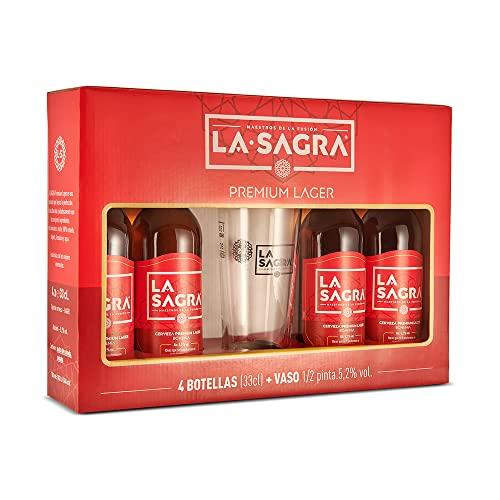 La Sagra Pack 4 Cervezas de 330 ml de La Sagra Lager Alc. 5,2% Vol. Pack de 4 botellas 33cl + vaso 1/2 pinta Total: 1320 ml