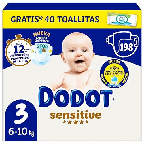 26% DESCUENTO Dodot Sensitive Talla 3, 198 Pañales Para Bebé, 6kg 10kg, Hasta 12 h De Protección Antifugas y Protección Para La Piel