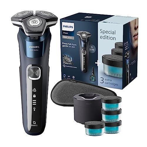 25% DESCUENTO Philips Serie 5000 Afeitadora Eléctrica Hombre, Máquina de Afeitar Barba con Recortadora, 45 cuchillas, 60min de uso, En Seco y Húmedo, Recargable, Centro de Limpieza, 4 Cartuchos, S5885/69, Azul