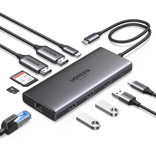 41% DESCUENTO UGREEN Revodok Pro 210 Docking Station USB C 10 En 1 Doble HDMI 8K30Hz 4K60Hz Hub Adaptador Tipo C a Ethernet RJ45 Gigabit PD 100W Lector Tarjeta SD TF Compatible con MacBook Pro Air M2 M1
