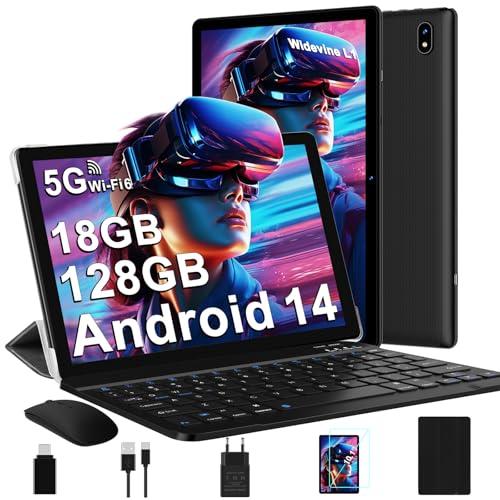27% DESCUENTO DMOAO Tablet 10 Pulgadas Android 14 con 5G Wi Fi 6, FHD Tablet con 18 GB RAM + 128 GB ROM (Ampliable a 1TB), Widevine L1, 8 Cores, BT 5.0, 6000mAh, USB C, Tablet con Teclado + Ratón + Funda, Nero