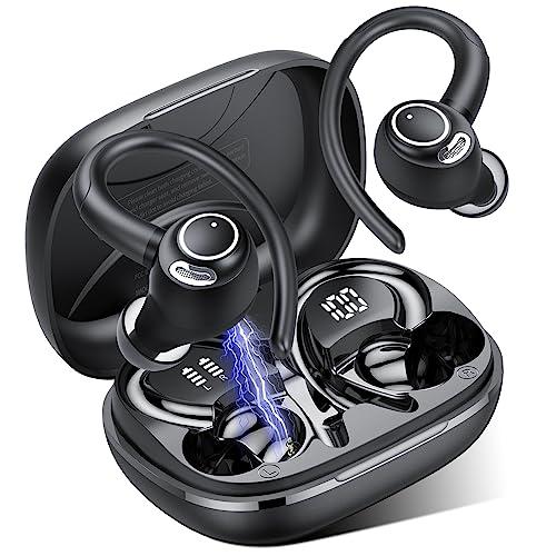29% DESCUENTO Jesebang Auriculares Inalámbricos Deportivos, Auriculares Bluetooth 5.3 con HD Micrófono, Sonido Premium, 40H de Reproducción, Pantalla LED, Cómodos de Llevar, Cascos Inalambricos con Gancho, Negro