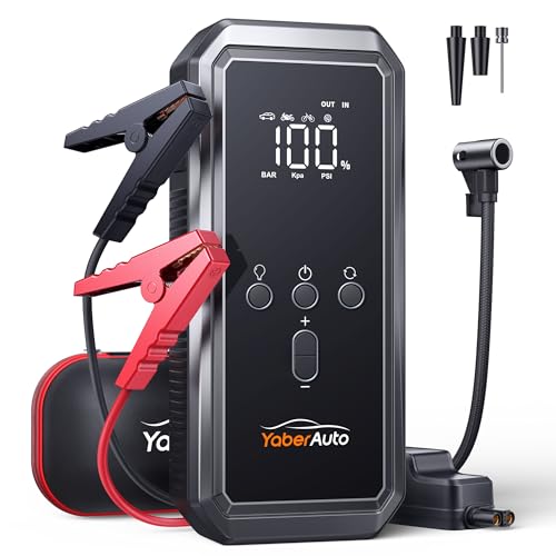 35% DESCUENTO YaberAuto Arrancador de Baterias de Coche con Compresor de Aire, 3500A Arrancador de Coches(para 9,0L de Gasolina o 8,0L de Diesel) Arrancador Coche Portatil con Inflador de 150 PSI, Gran Pantalla