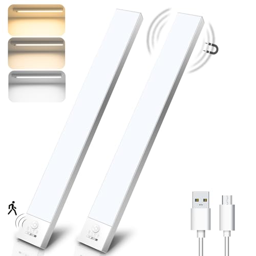 22% DESCUENTO OUILA Luz LED Armario con Sensor de Movimiento, 32CM Regulable Luz LED Adhesiva con 3 Color Modos, 1500 mAh USB Recargable Luz Nocturna para Cocina, Armario, Escaleras, Pasillo, Garaje 2 Piezas