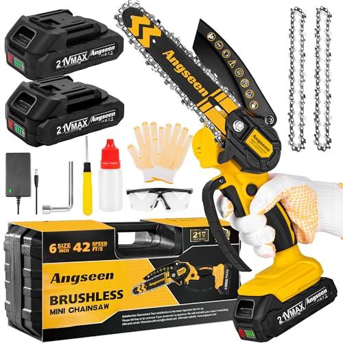 25% DESCUENTO Mini Motosierra Bateria 6 Pulgadas Sin escobillas, Motosierra de Mano de 6 Pulgadas, 2 Baterías de 2Ah y Cargador, 2 Cadenas, Motosierra Eléctrica de Una Mano para Árboles de Jardín