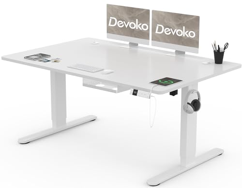 Devoko 140x80cm Escritorio Elevable Eléctrico de Carga Tipo A, Escritorio para Computadora Ajustable en Altura con Bandeja de Gestión de Cables y Memoria de 3 Funciones, Blanco