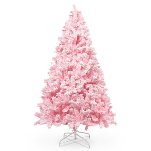 180 cm/6 ft Árbol de Navidad Rosa con Decoración Flocada con Copos de Nieve, 808 Hojas de Pino Puntiagudas de PVC y Base Estable, Árbol de Navidad Artificial para Decoración Navideña