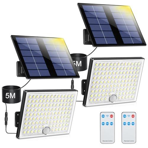 27% DESCUENTO Luz Solar Exterior con Sensor de Movimiento, Foco Solar Exterior con Control Remoto 2000mAh 3 Modos IP65 Impermeable Luces Solares Led Exterior Jardin, Lampara Solar Exterior con Cable de 5M, 2 Piezas