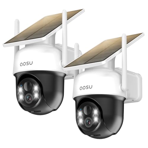 21% DESCUENTO AOSU 2 Paquetes Camara de Vigilancia WiFi Exterior Solar Cámaras Exteriores de Seguridad, Pannello Solare Fisso, 3MP 2K HD, 360 Gradi PTZ, Visione Notturna a Colori, Allarme Luminoso e Sonoro