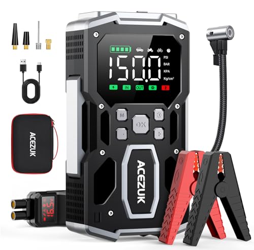 31% DESCUENTO ACEZUK Arrancador de Batería de Coche 6000A, Compresor de Aire 150PSI, 26800mAh Arrancador de Coches para Vehículo(Toda Gasolina o 10L Diésel), 12V Arrancador de Batería con 400 Lumen LED