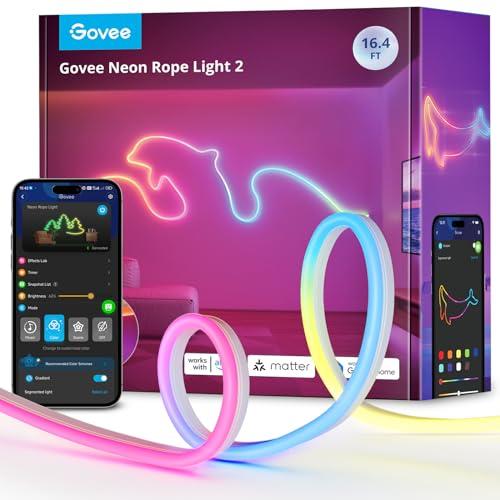 25% DESCUENTO Govee Neon Rope Light 2, RGBIC Tira LED 5m con Bende Clips, Funciona con Matter, Alexa y Google Assistant, Mapeado de Formas, Efectos de iluminación DIY, Luces LED para decoración de paredes, Blanco