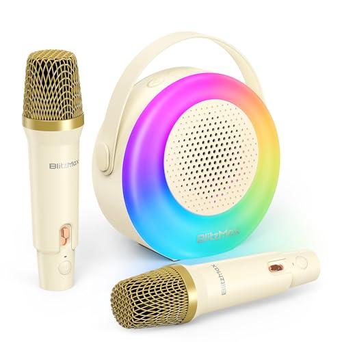 Máquina de Karaoke para Niños, Mini Karaoke Portátil con 2 Micrófonos Inalámbricos Bluetooth (Beige)