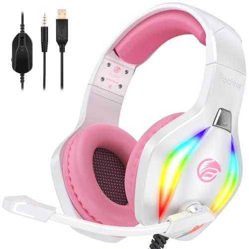 43% DESCUENTO Fachixy FC100 Cascos Gaming para PS4/PS5/PC/Xbox One/Switch, Auriculares Gaming Cancelación de Ruido, Cascos con Microfono Estéreo Sonido, Cascos PS4 con 3.5mm Jack con Luz RGB (Rosa)