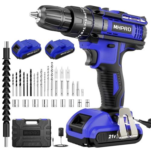 MHPRO Taladro Percutor a Bateria 21V, Taladro Atornillador Bateria con 2 Baterías 2000mAh, Destornillador Electrico 42Nm, 25+3 Ajuste de Par, 30 Accesorios, 2 Velocidad, LED Luz Para Hogar, Bricolaje