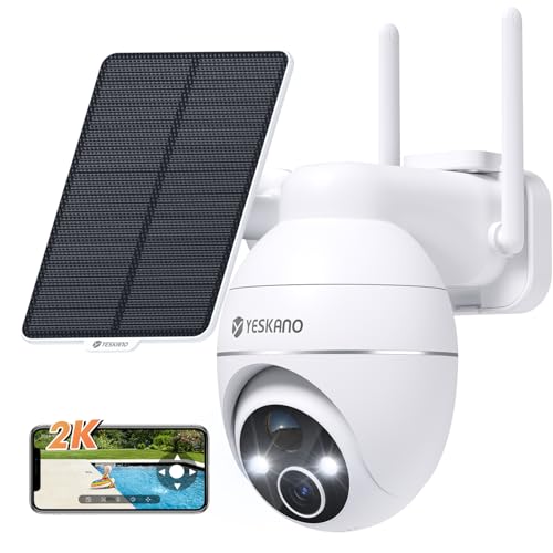 25% DESCUENTO YESKANO Camara Vigilancia WiFi Exterior Solar, 2K Cámaras de Vigilancia sin Cables, 360° PTZ,visión Nocturna de Color,2.4 GHz Wi Fi, Detección de IA, PIR Sirena,IP66