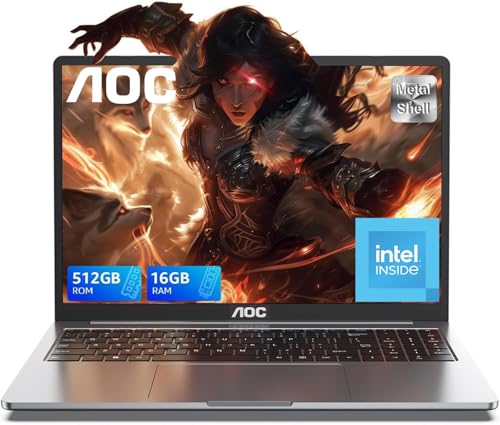 AOC Ordenador Portatil con I ntel N97 (hasta 3,6 GHz), Portátil Computadora 16GB DDR4 512GB SSD Expansión 2TB （Mejor que Celeron） Laptop,WiFi,BT5,Tipo C,USB3.2, HDMI, 15,6″ Notebook 1080P Versión 2025