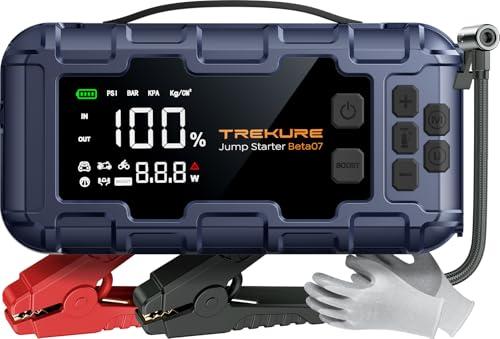 36% DESCUENTO TREKURE 8 en 1 6000A Arrancador de Baterias de Coche, PD 45W Arrancador de Coches con Compresor de Aire de 160 PSI (para All Gas o 12L Diesel), Arrancador con Pantalla Grande LCD y Guantes Aislantes