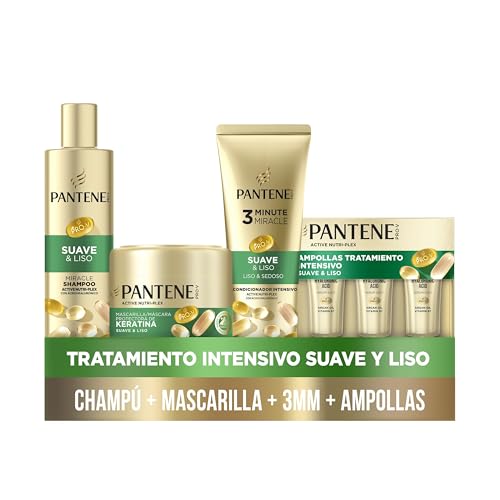 35% DESCUENTO Pantene Pro V Suave Y Liso Champú 250ML Mascarilla Protectora De Keratina 300ML, Acondicionador 3MM 220ML, Ampolla 3X15ML