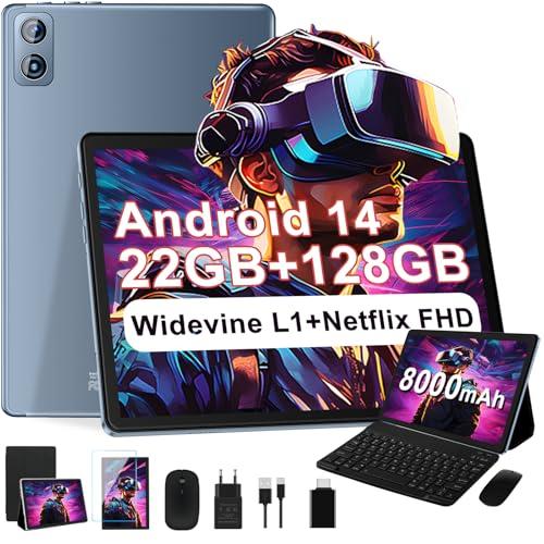 2025 Newest Tablet Android 14 Tablet 10 Pulgadas, 22(6+16)GB RAM+128GB ROM/TF 2TB, 8000mAh, 8 Core CPU, 3D Face ID, Widevine L1, WLAN 6, BT5.0, GPS, 5MP+8MP, Tablet con Teclado+Ratón MetÃlica Gris