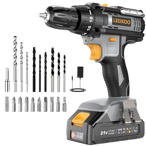 Taladro Atornillador Batería, LEEIKOO Atornillador Electrico 21V, Atornillador Bateria 42N.m con Baterías 2.0Ah, 18+1 Ajuste de Par, 2 Velocidad, LED Luz, 20 Accesorios Para Hogar, Bricolaje, Gris