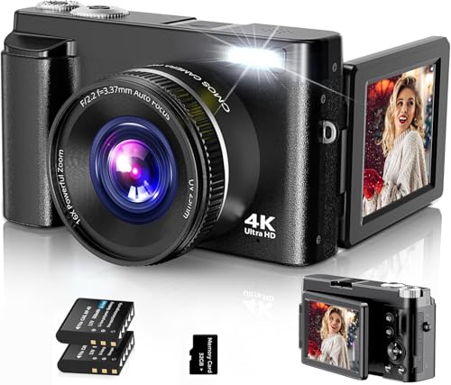 20% DESCUENTO Cámara Digital, 4K UHD Fotokamera Autofocuus mit 32G Karte, 48MP Vlogging Kamera mit 180° Flip Bildschirm und UV Linse,Kompaktkamera für Teenager Anfänger Erwachsene