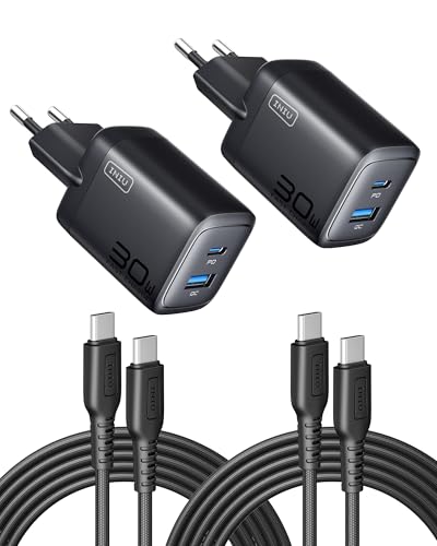 INIU 30W Cargador USB C 2 Paquetes, [USB C + USB A] 2 Puertos USBC Enchufe Cargador iPhone Carga Rapida, Múltiple Cargador PD Rápido Pared Adaptador Tipo C para iPhone 16 15, iPad Pro, Samsung S24
