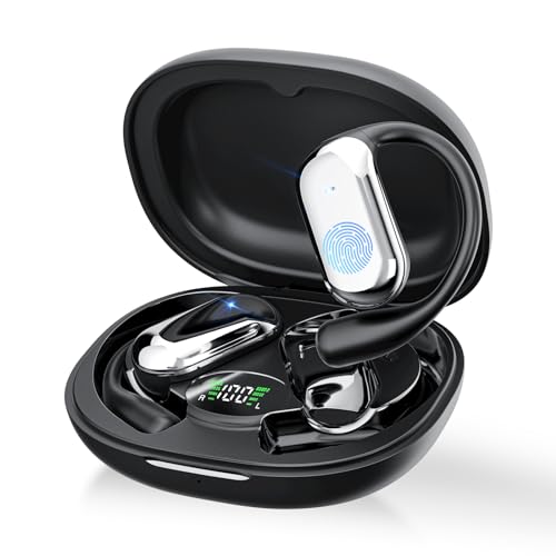 Auriculares Oreja Abierta Bluetooth 5.4, Auriculares Inalámbricos Deportivos con Gancho, Reproducción de 50H Pantalla LED, Auriculares con micrófono Incorporado, Control Táctil, IP7 Impermeable