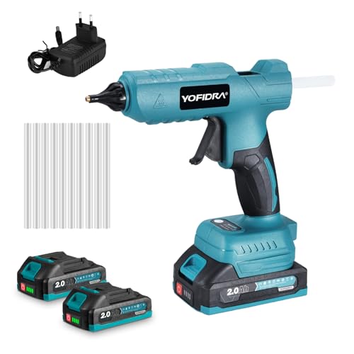 Yofidra Pistola de Pegamento Caliente Inalámbrica 100W Pistola de Pegamento Caliente con 10 Barras de Pegamento (7mm), 2 Baterías de 2.0Ah y Cargador, para DIY, Reparaciones y Manualidades