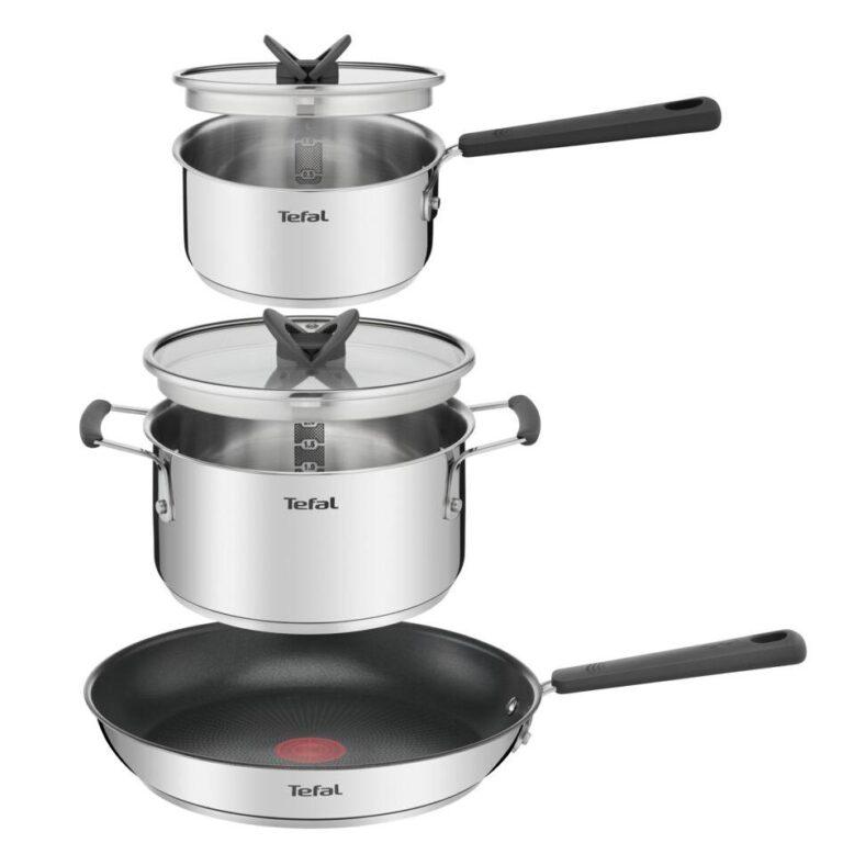 Juego de 5 piezas de menaje de cocina Tefal OPTI’Space, ocupa el mínimo espacio, almacenamiento ordenado, acero inoxidable 18/10 de calidad superior, revestimiento antiadherente seguro, Thermo-Spot, cocina saludable, base de 3 capas, inducción, G737S544 | Miravia