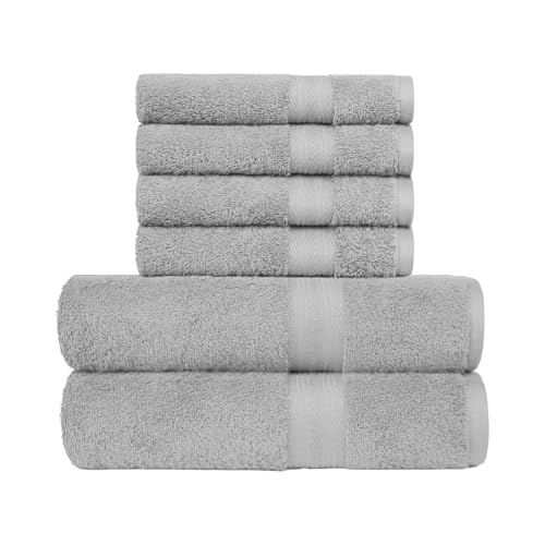 30% DESCUENTO Amazon Basics paquete de 6 toallas de baño resistentes a la decoloración para baño, 100% algodón, suaves y absorbentes, 2 Toallas de baño y 4 Toallas de mano, Gris