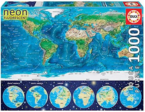 41% DESCUENTO Educa Puzzle de 1000 Piezas para Adultos | Serie Neon Puzzle Fluorescent, Puzzle 1000 Piezas Mapamundi Físico, Brilla en la Oscuridad (16760)