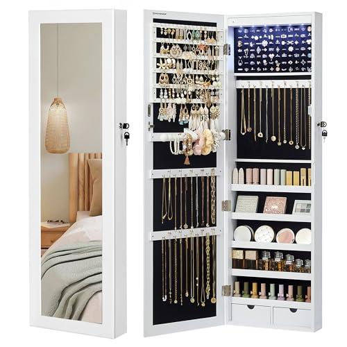 22% DESCUENTO SONGMICS Armario para Joyas, Espejo Joyero de Pared, con Luces LED y Cierre, Organizador de Almacenamiento para Pendiente Collar, con Espejo y Varios Compartimentos, Blanco JBC93W