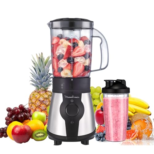 55% DESCUENTO Moulinex Blend&Go Batidora de vaso de 300 W, con jarra y botella de plástico de 750 ml, 4 cuchillas extraíbles, acabado acero inoxidable, LM1B1D
