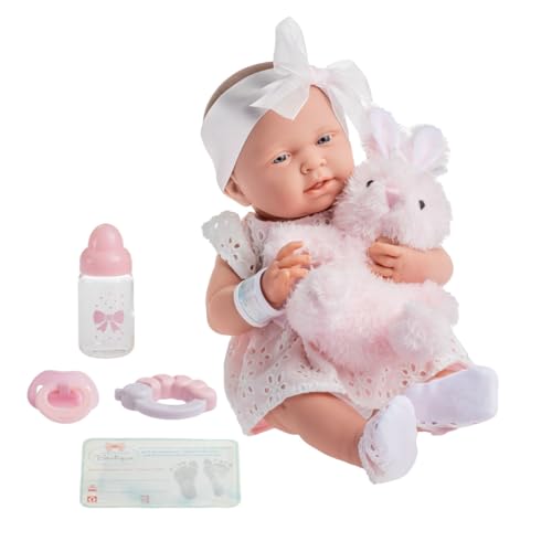 JC TOYS Muñeca La Newborn recién Nacida de 38 cm es de Vinilo Suave, Ropa de algodón Calado y Accesorios, niña, Rosa, diseñado en España por Berenguer, 2 años