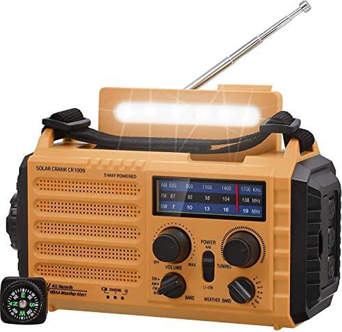 25% DESCUENTO Radio Solar, Radio de Emergencia Portátil con Manivela, Radio Dynamo Weather Am/FM/SW, Cargador de Teléfono USB, Linterna LED y Luz de Lectura, Alarma SOS, Brújula para Acampar al Aire Libre