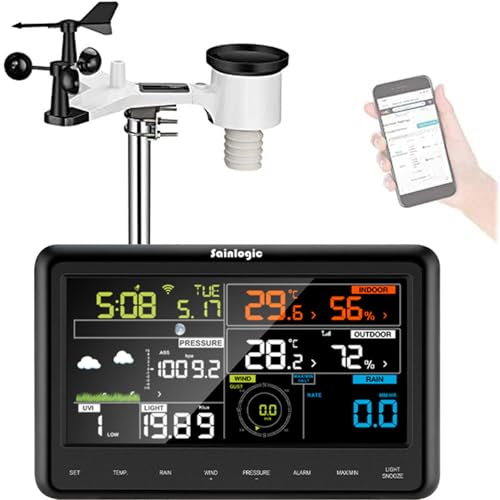 23% DESCUENTO Sainlogic Estación meteorológica WLAN Professional con sensor de energía solar para exteriores, colector de lluvia, pronóstico del tiempo, indicador de viento, pantalla a color, Wunderground