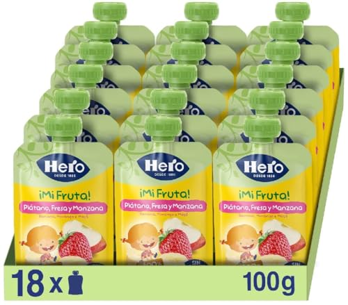 Hero   Bolsitas con Plátano, Fresa y Manzana, Sin Conservantes ni Colorantes, Aceite de Palma, Gluten, ni Azúcares Añadidos, Para Bebés a Partir de los 12 Meses   Pack de 18 x 100 g